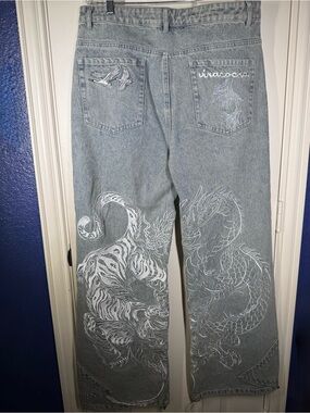 Viracocha Men's Embroidered Dragon/Tiger Streetwear Extra-Wide Jeans Sz 34